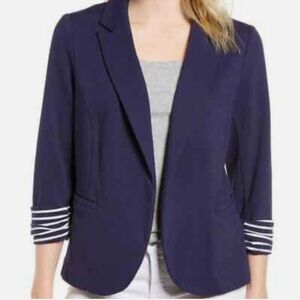 Gibson x Living in Yellow Barbara Navy Blazer with Striped 3/4 Cuffs petite XS